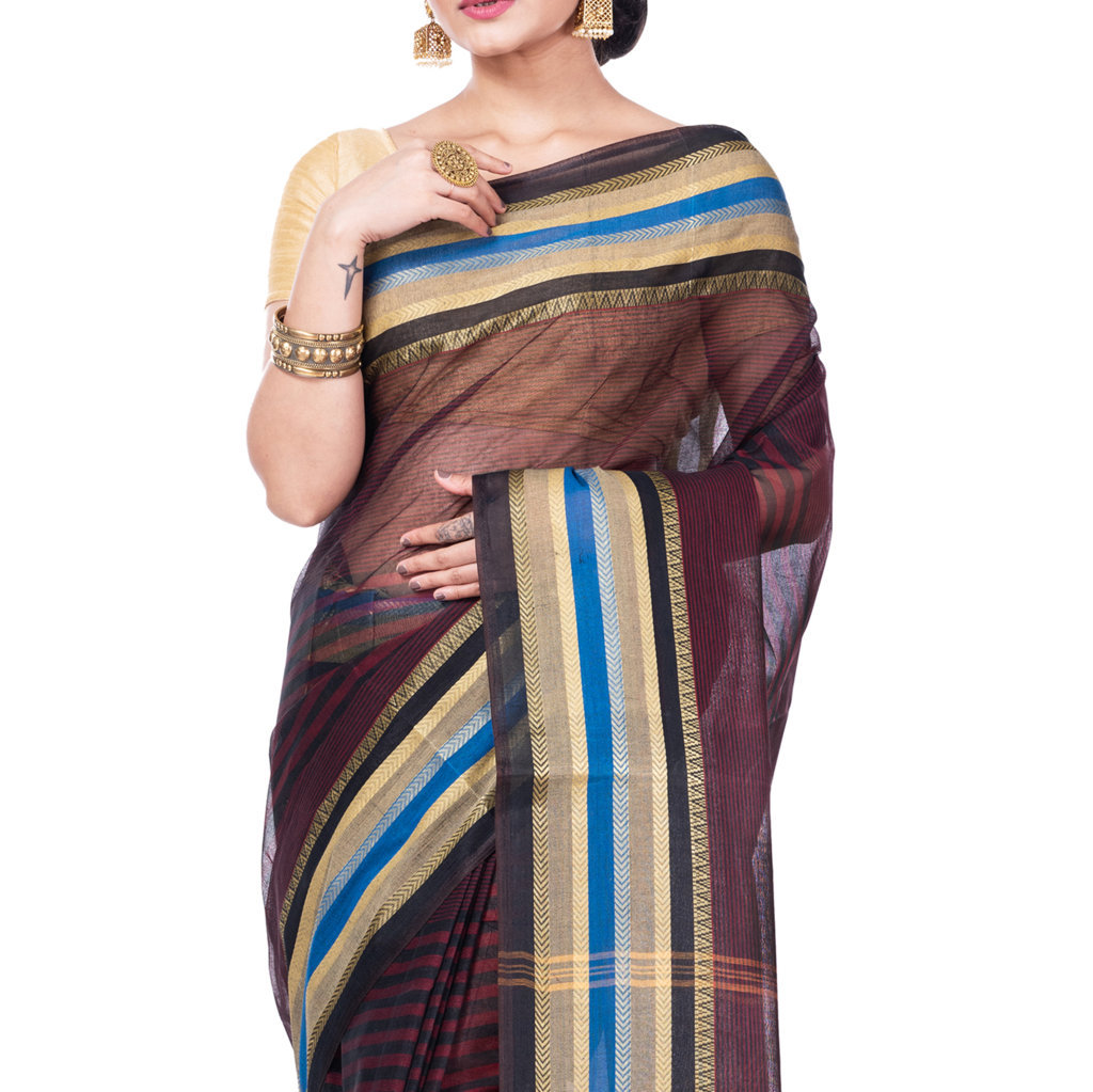 Brown Pure Cotton Khajur_Churi_Strip Tant Saree (657)